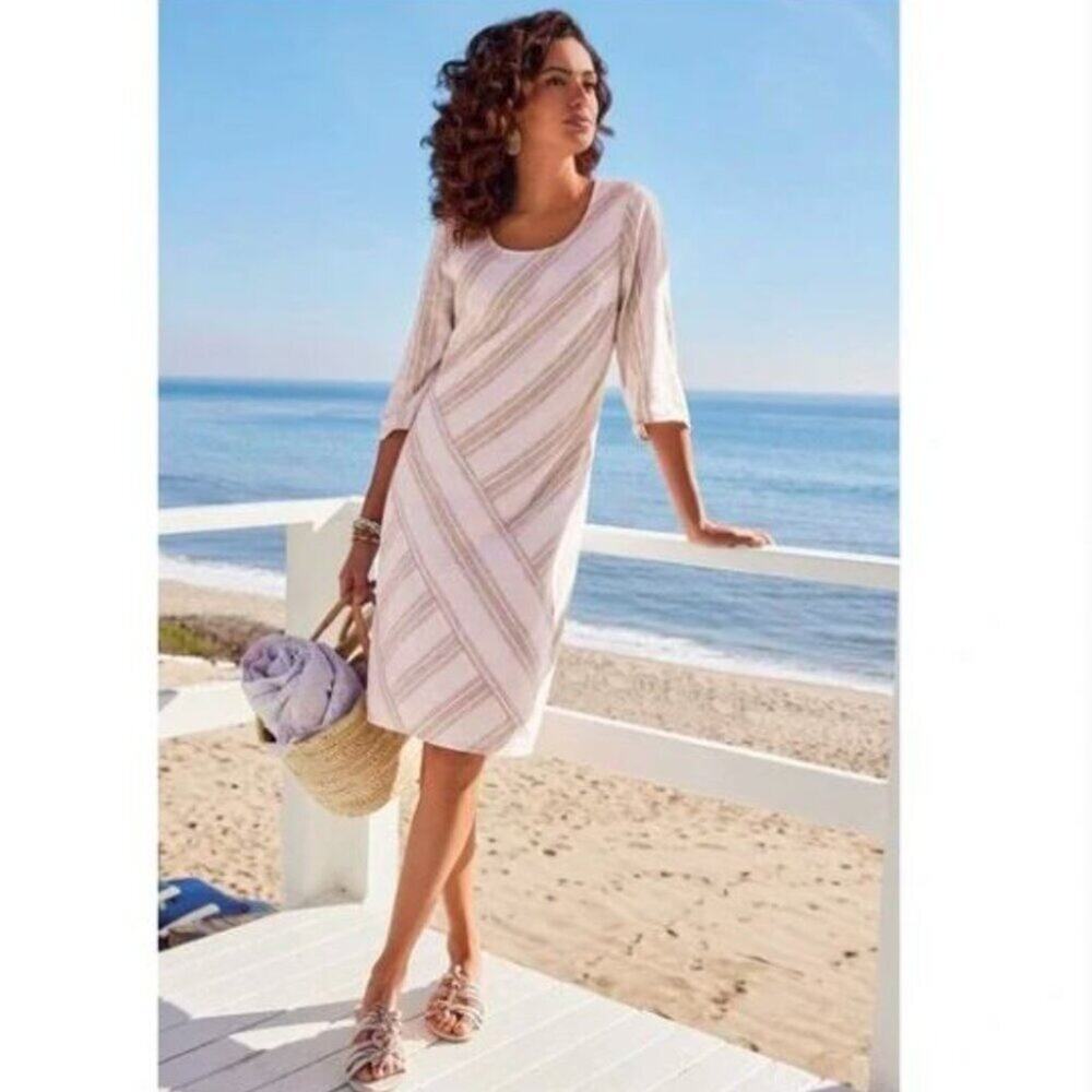 Soft Surroundings Petite Medium PM Linen Blend Dress Resortwear Striped Lined
